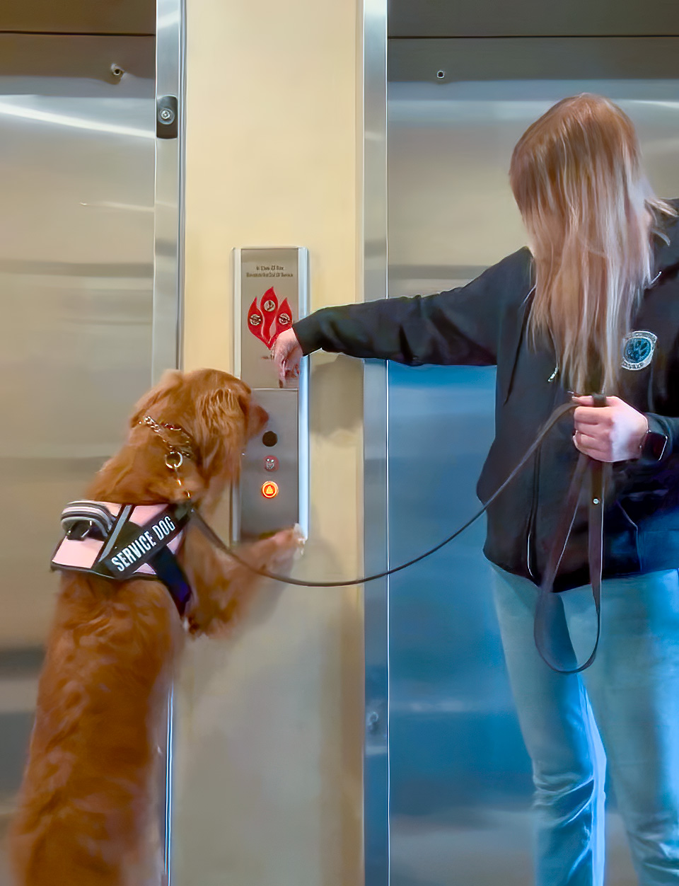 Service dog pushing elevator button